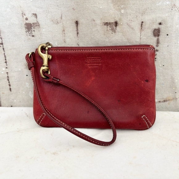 Coach Red Maroon Leather Erikson Coin Purse Credit Card Wallet Wristlet - Picture 1 of 6